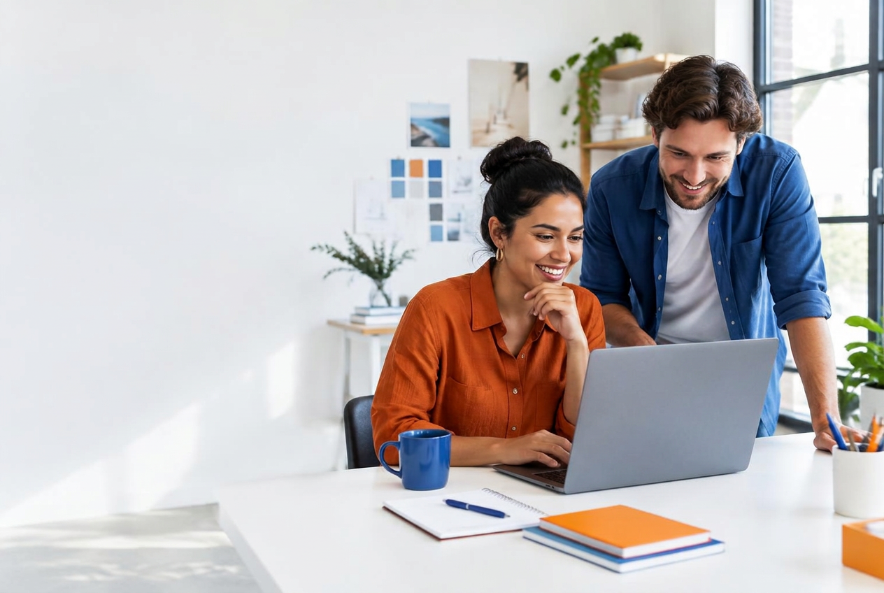 Small business owners reviewing their new website